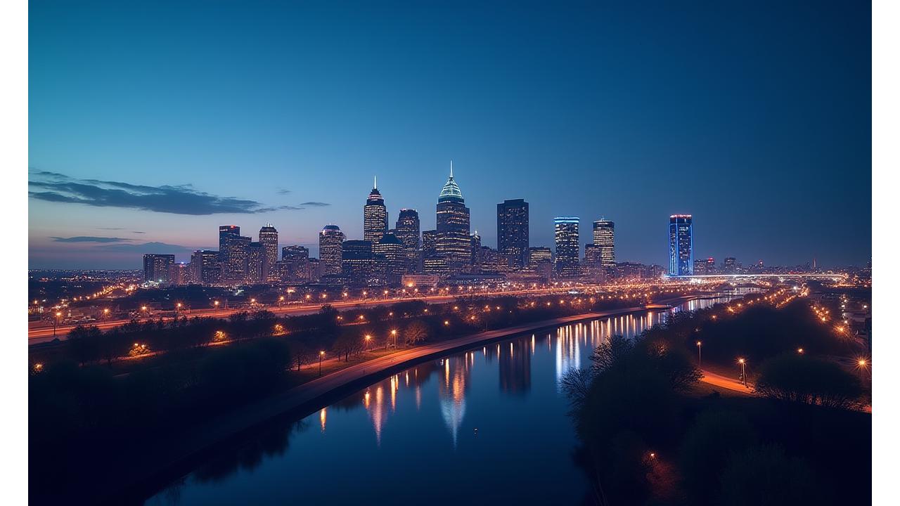 Skyline of Nashville at dusk, symbolizing growth and community, with digital financial overlays.