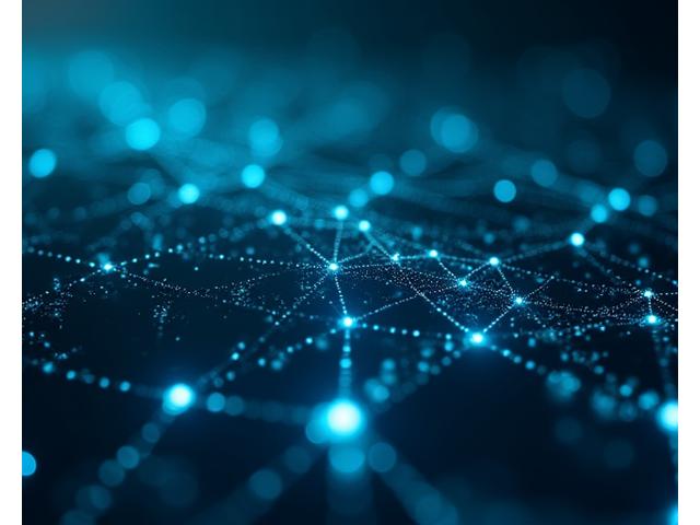 Abstract depiction of secure digital data flow and AI algorithms on a network, symbolizing advanced fintech.