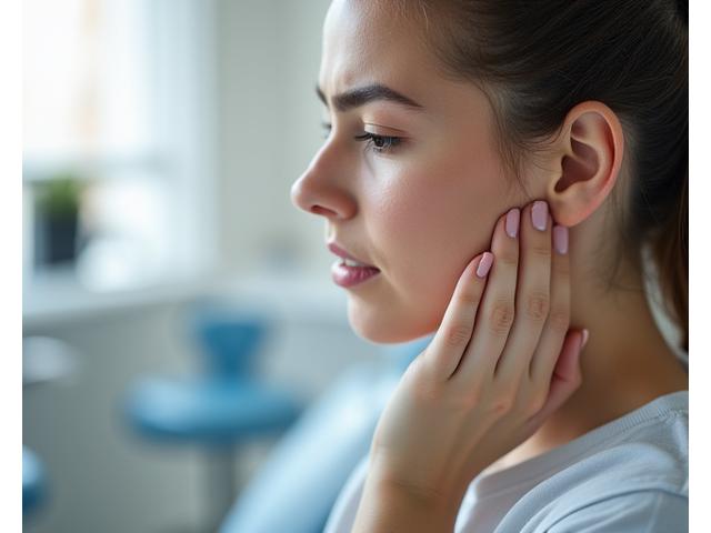 Person holding jaw from tooth pain, dental clinic in background