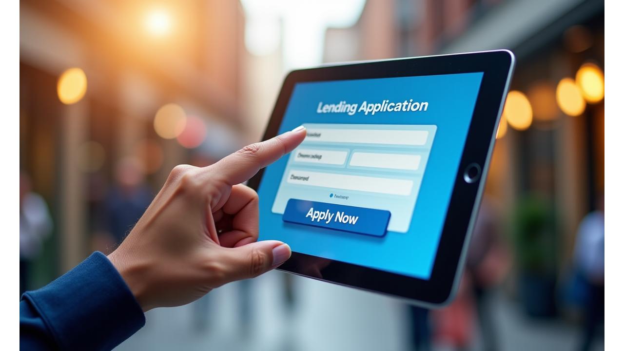 A close-up of a hand pointing at a tablet screen displaying a simple, intuitive loan application form, set against a blurred background of a bustling city street, symbolizing ease and efficiency for gig workers on the go.
