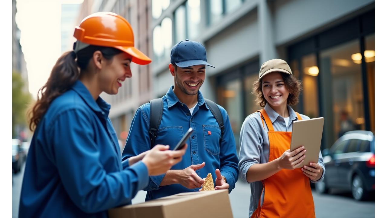 Diverse group of gig workers, including a delivery driver, a graphic designer, and a musician, smiling and confidently using their mobile devices and laptops, symbolizing financial freedom and flexibility.