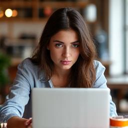 Testimonial image of a female graphic designer working creatively at her laptop in a cafe, looking inspired and successful.