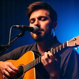 Testimonial image of a male musician playing guitar on stage, capturing the essence of Nashville's vibrant music scene.