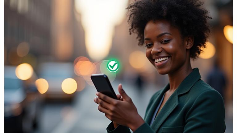 A confident person looking at a smartphone with a checkmark on the screen, symbolizing easy application and approval