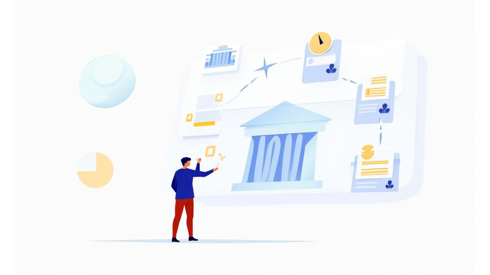 Illustration of a person optimizing a financial process on a tablet with icons representing speed and efficiency