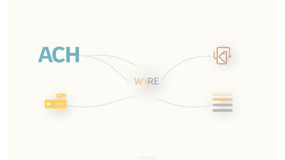 Graphic showing various secure payment icons and transfer methods like ACH, wire, and debit card