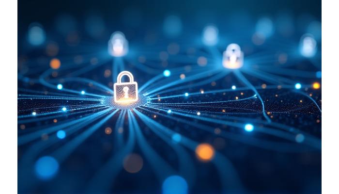 Abstract visual representation of secure data flow between systems, with encryption icons.