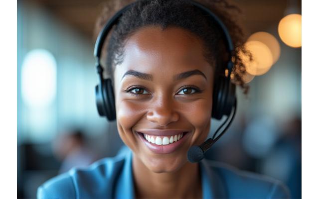 Friendly customer support representative wearing a headset, smiling and ready to assist, in a modern, light-filled office.
