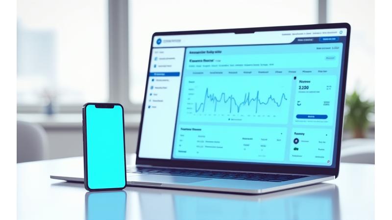 Clean, modern online loan management portal interface displayed on a laptop and mobile phone, showing payment history and balance.