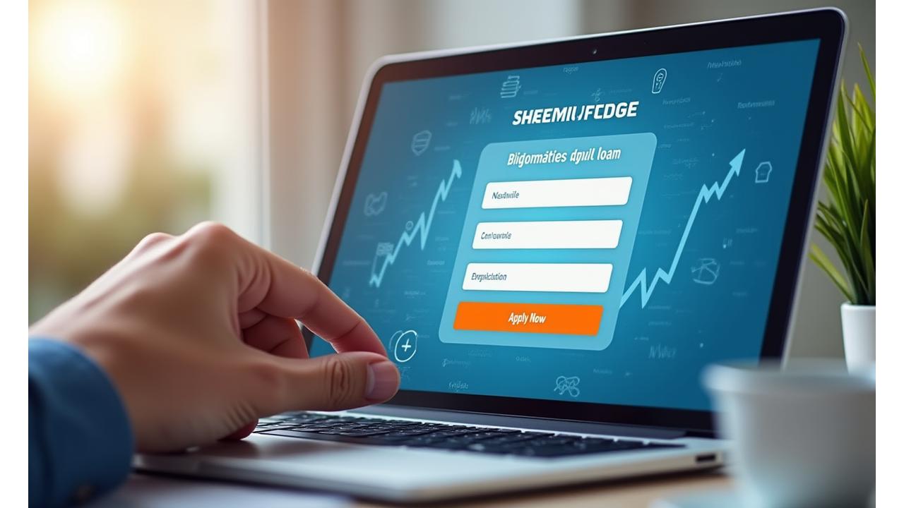 A laptop displaying a clean, simplified online loan application form, with a Nashville map overlay and a rising graph symbol, indicating ease of use and growth.