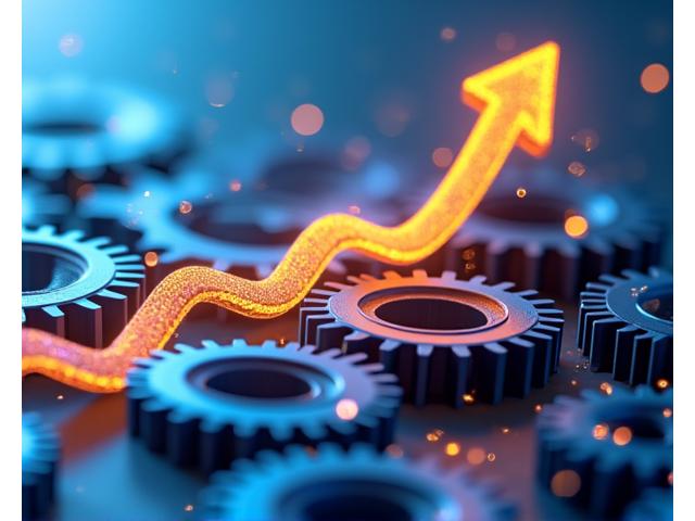 A visual representation of business growth, perhaps an upward-trending financial graph integrated with gears and innovation symbols, set against a modern office backdrop.