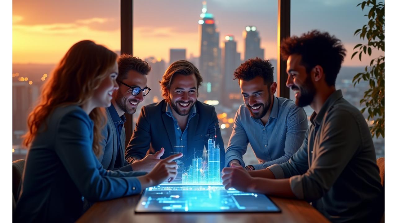 Nashville skyline with a diverse group of entrepreneurs looking at a business plan, symbolizing growth and opportunity