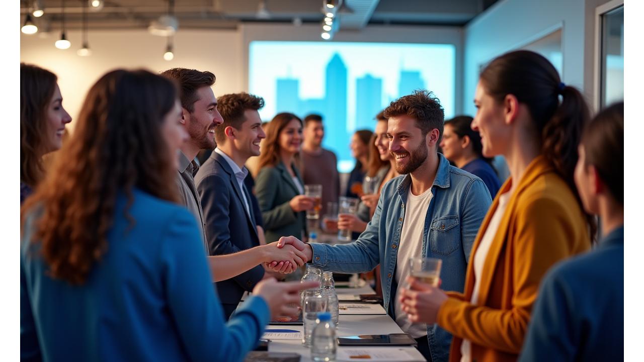 A diverse group of Nashville entrepreneurs networking happily at an event, with the city in the background